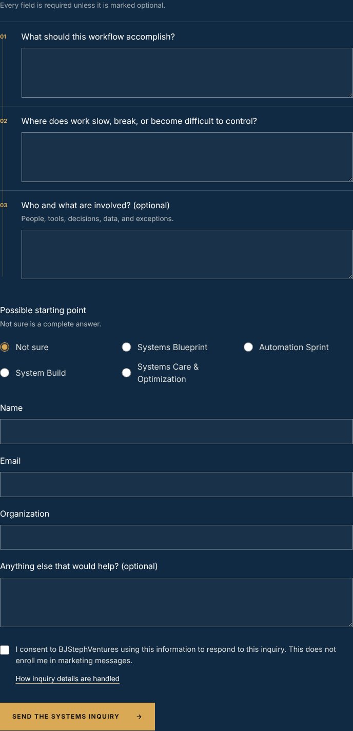 The Systems Inquiry form at tablet width with scripting disabled: three questions, five starting-point options with Not sure selected, name, email, organization, an optional note, the consent checkbox and the send button.